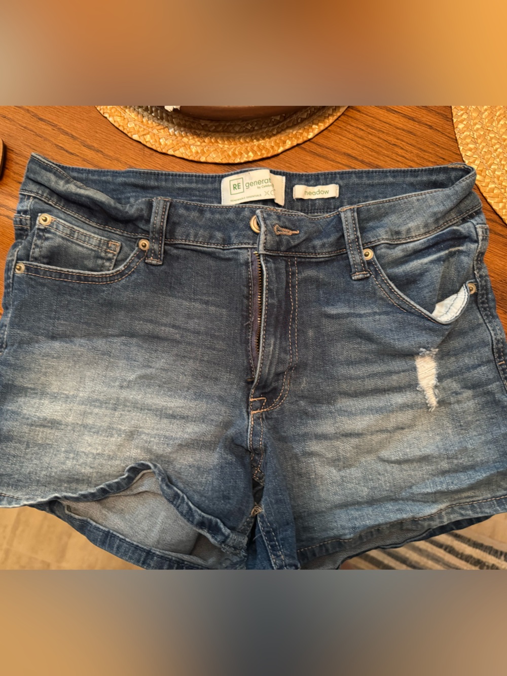 Re/Done Mid-Rise Distressed Blue Denim Shorts